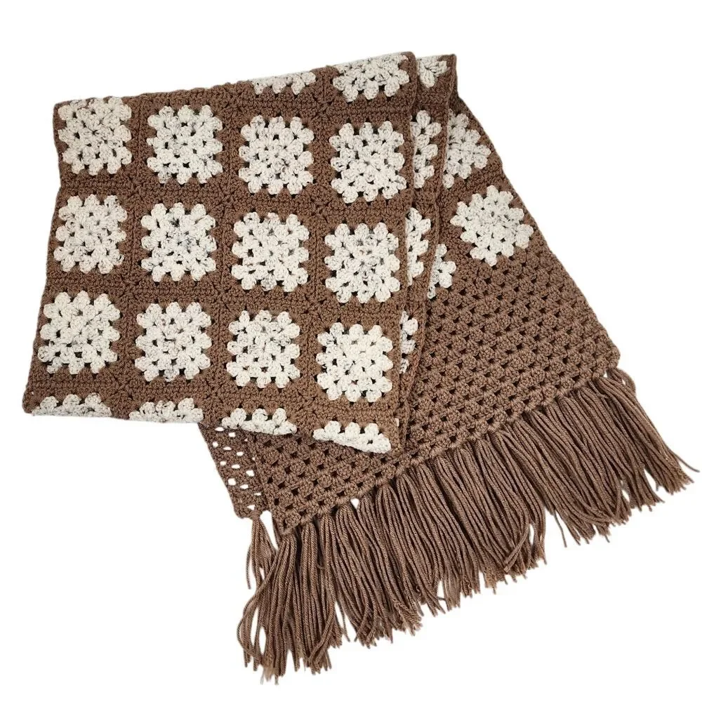 New Handmade Crochet Granny Square Shawl Wrap Scarf Brown Cream Boho Fringe
